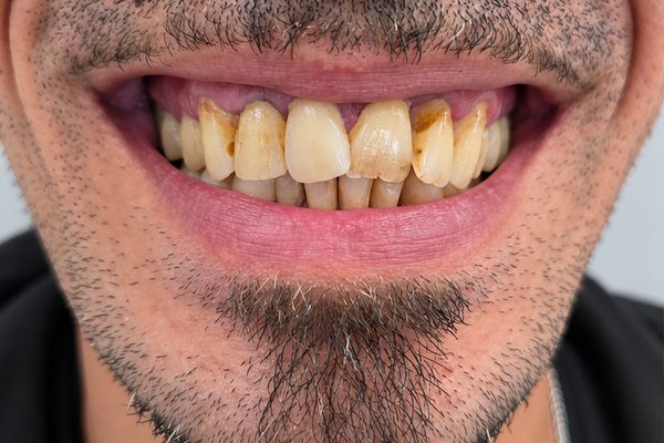 Antes: dientes propios desgastados, manchados y con la encía retraída sobre el frente superior