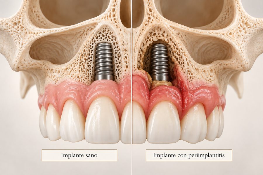 Comparaci&oacute;n de dos implantes en el maxilar: a la izquierda uno sano, rodeado de hueso firme; a la derecha uno con periimplantitis, con el hueso perdido alrededor y la enc&iacute;a inflamada