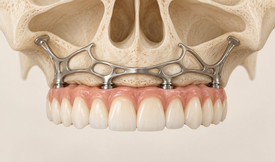 Implantes dentales sin tornillos: estructura subperióstica de titanio apoyada sobre el maxilar, con la prótesis fija debajo