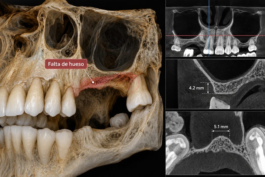 Reconstrucci&oacute;n 3D de un maxilar con la zona donde falta hueso se&ntilde;alada, junto a tres cortes del TAC con las medidas del hueso remanente: 4,2 mm de altura y 5,1 mm de anchura